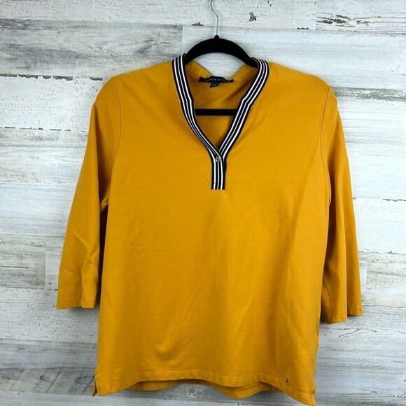 Tommy Hilfiger womens large 3/4 length gold cotton v neck blouse top casual - Picture 1 of 5